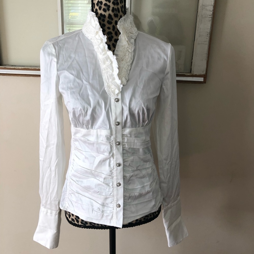 Solid White Etcetera Classic Tuxedo Ruffle Top 2